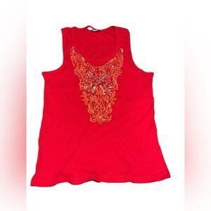 Red Sleeveless Tank Top with Gold Embellishments